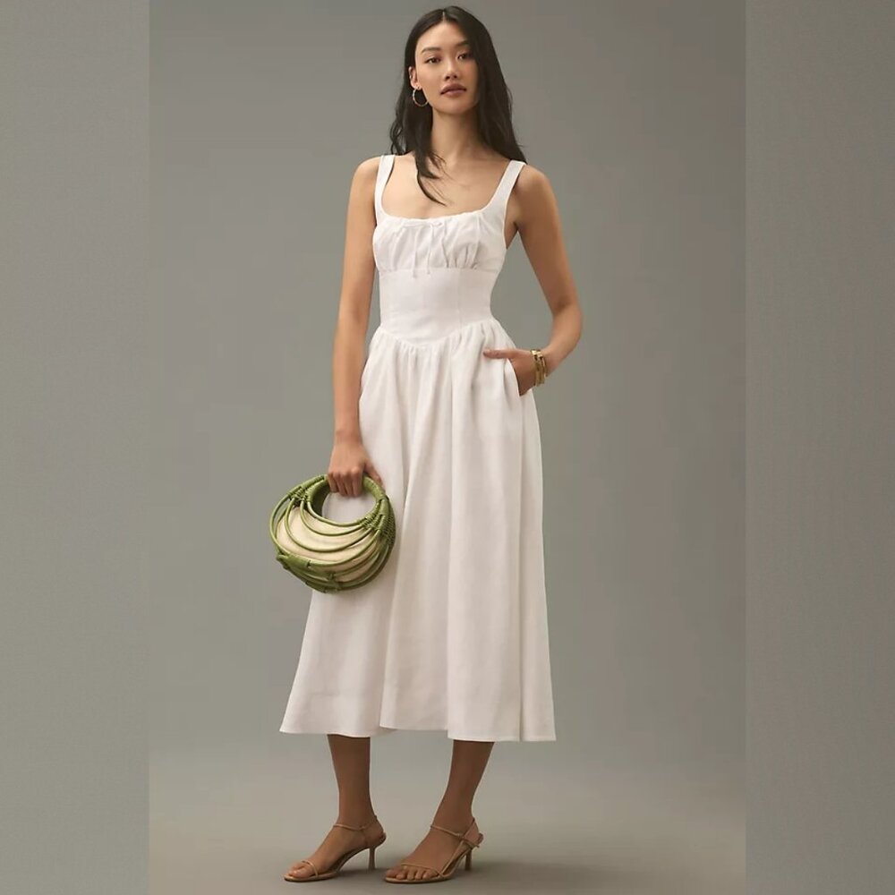 NWOT Reformation Balia Linen Dress in White Sleeveless Midi Back Smocking
